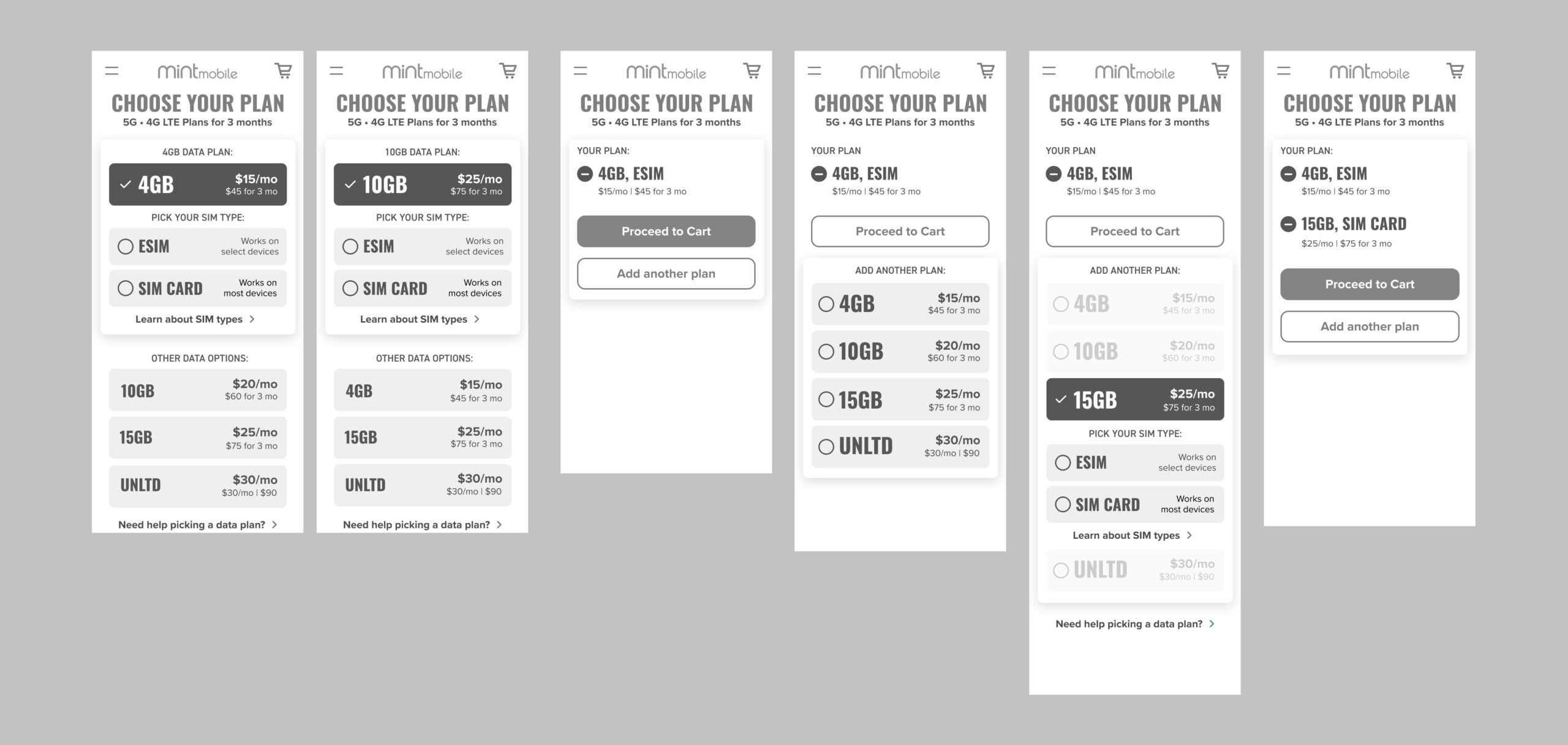 Plan selection variant B wireframe
